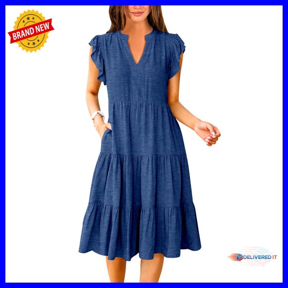 Dresses & Skirts - Ruffle Sleeve V Neck Midi Dress Boho Flowy Tiered Summer Casual Fit